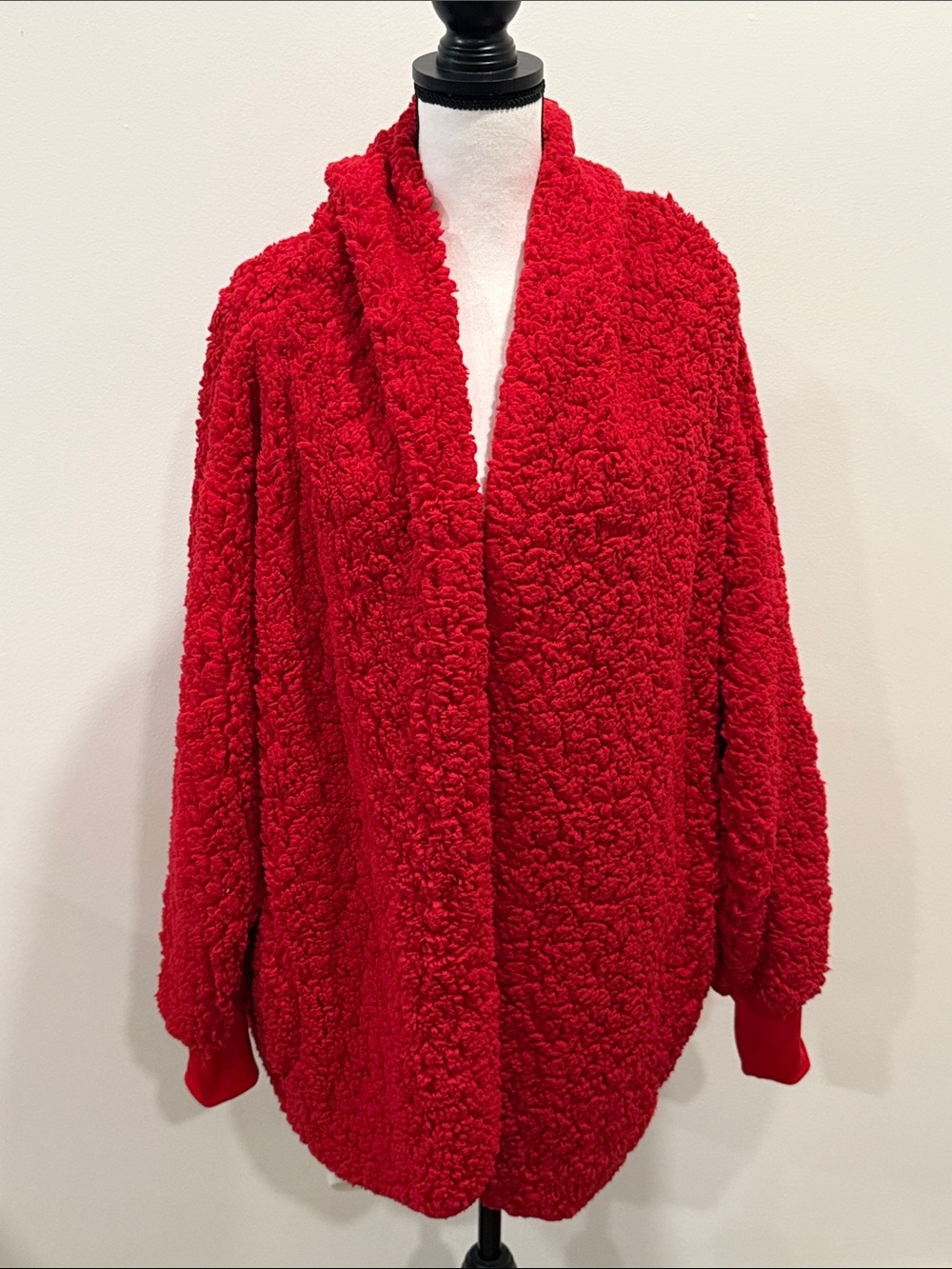 NWT LuLaRoe Teddy Bear Hooded Cozy Plush Red Sherpa Open Jacket Size Large